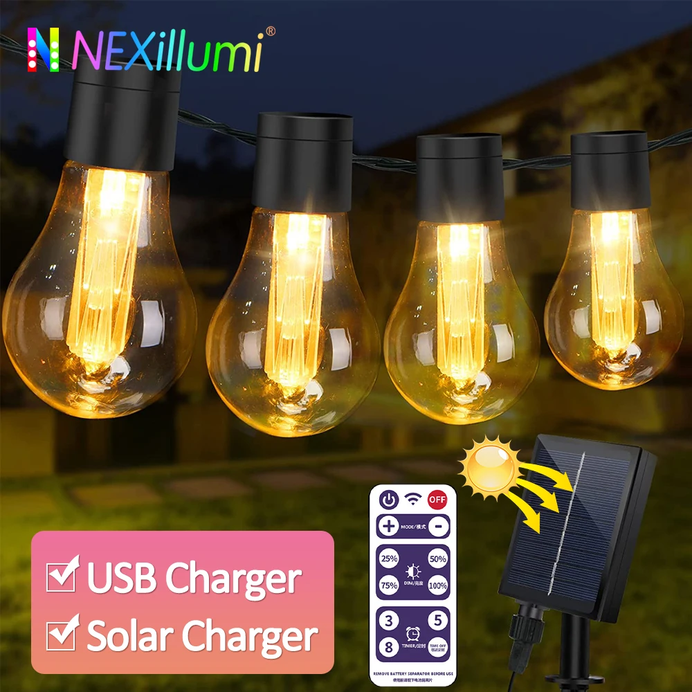 

11.7M/8.9M Outdoor Solar String Lights with IP65 Shatterproof LED Bulbs and Remote & USB Line,8 Lighting Modes for Garden, Party