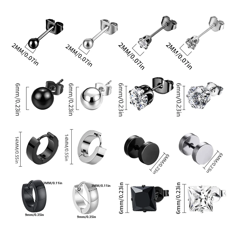 1 Pairs of Earrings Stainless Steel Multiple Black Simple Ear Studs for Men Women Punk Style CZ Round Earring Fashion Jewelry