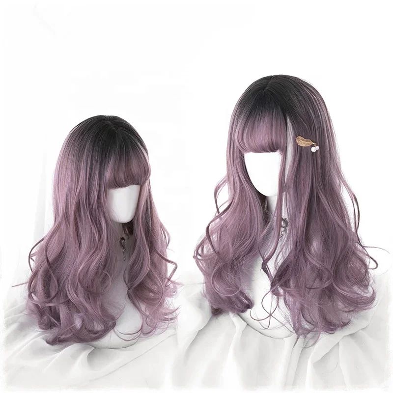 

High Quality 55cm Long Wave Black Purple Mixed Wig Cosplay Synthetic Hair Anime Peluca Lolita Wigs For Girls CS-826A