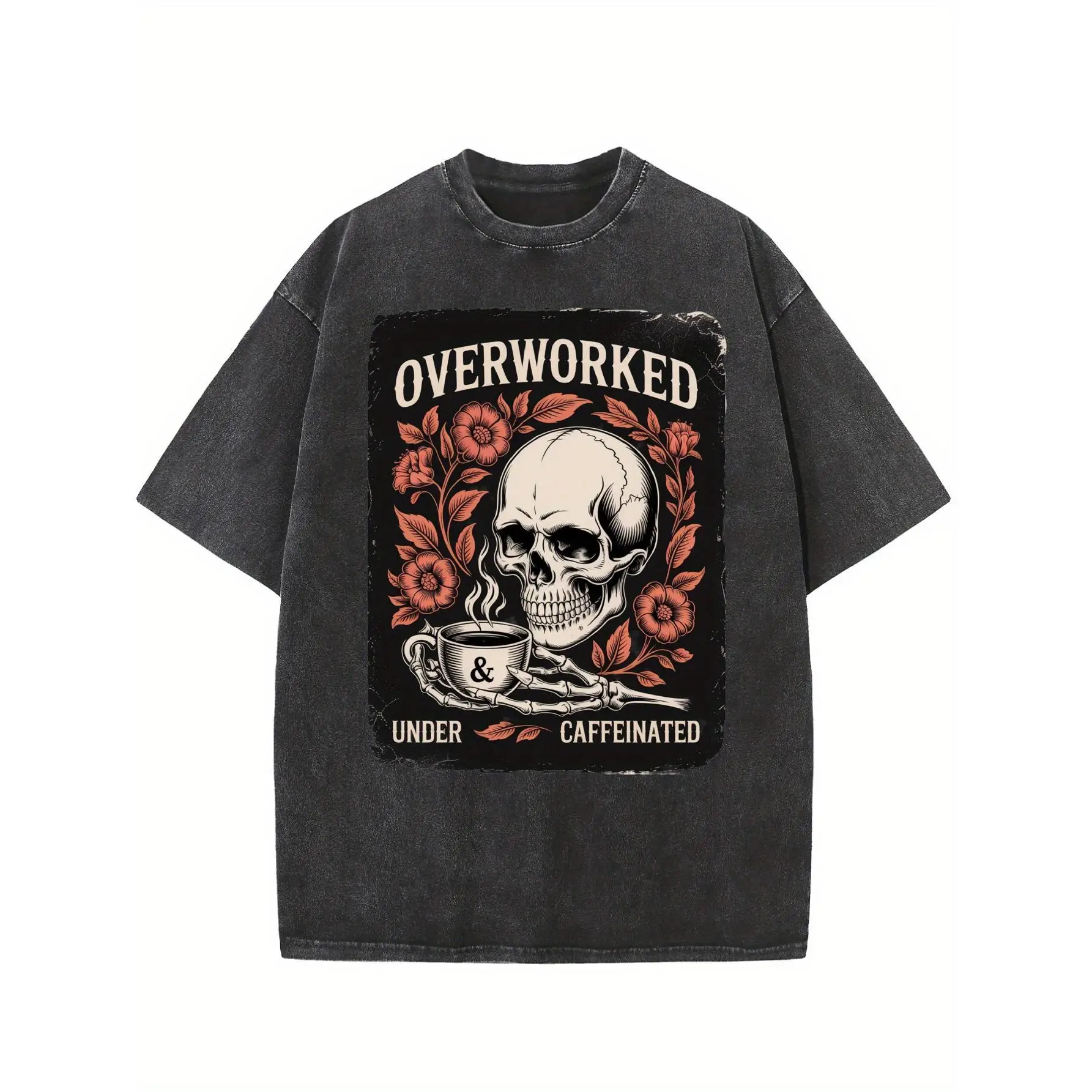 

Overworked Under Caffeinated T-Shirt Funny Skull Coffee Graphic Tee Unisex Work Humor Gift Office Apparel