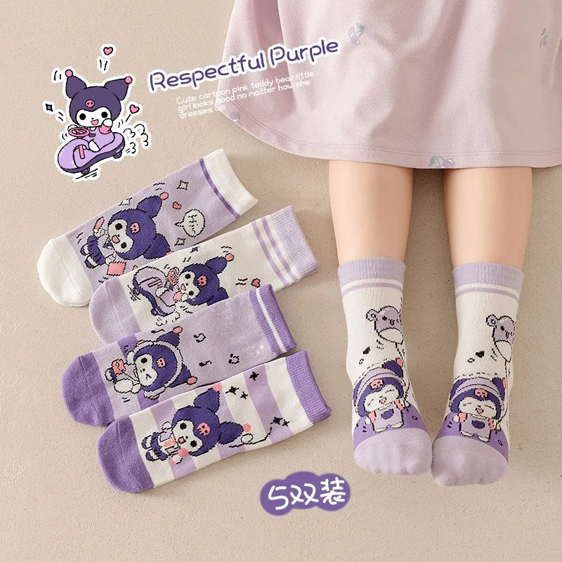 5 pares de calcetines a media pantorrilla Sanrio Kuromi para niña, nuevos calcetines de algodón con dibujos de Hello Kitty para otoño, regalos para niñas