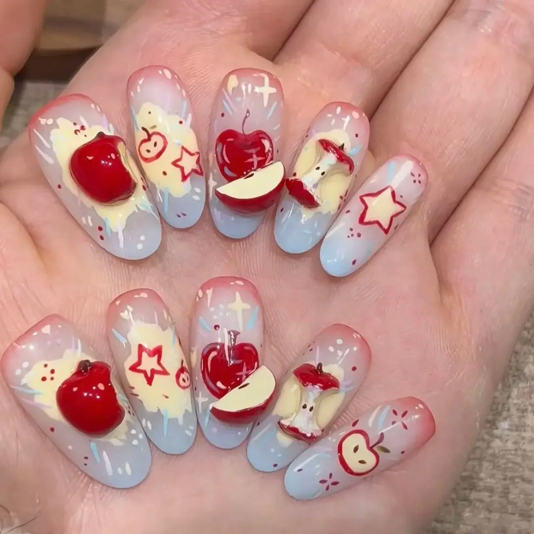 

Christmas 3D Red Apple Nail Art Stickers Cute Fruit Press-On Nails Creative Hand-Painted Nail Decorations Full Cover Fake Nails