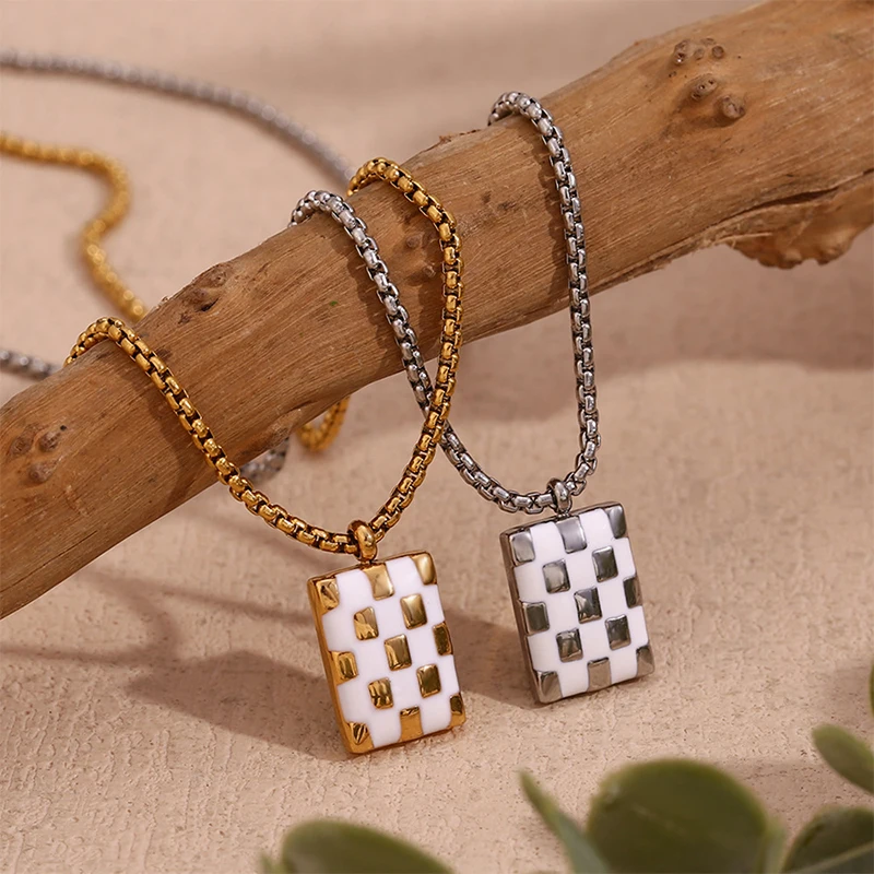 Loe | Square Checkerboard Necklace Women Stainless Steel 18k Gold Statement  Jewelry Korean Fashion 2026