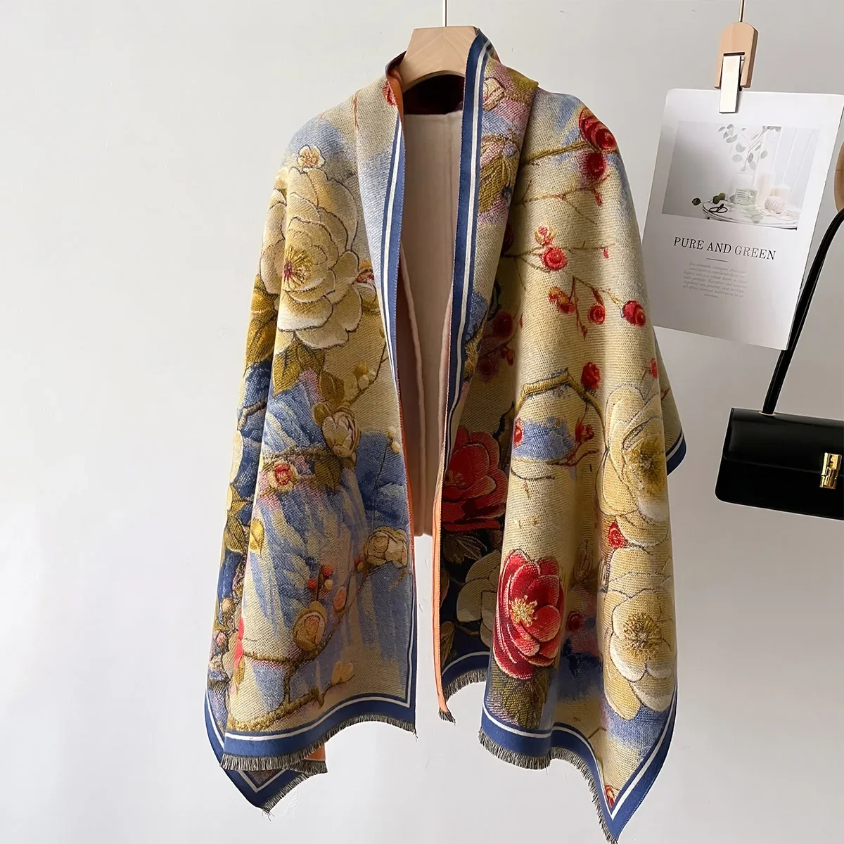 Retro Floral Scarf Women Winter Thick Cashmere Shawls and Wraps Female Warm Thick Echarpe Pashmina Blanket Stole