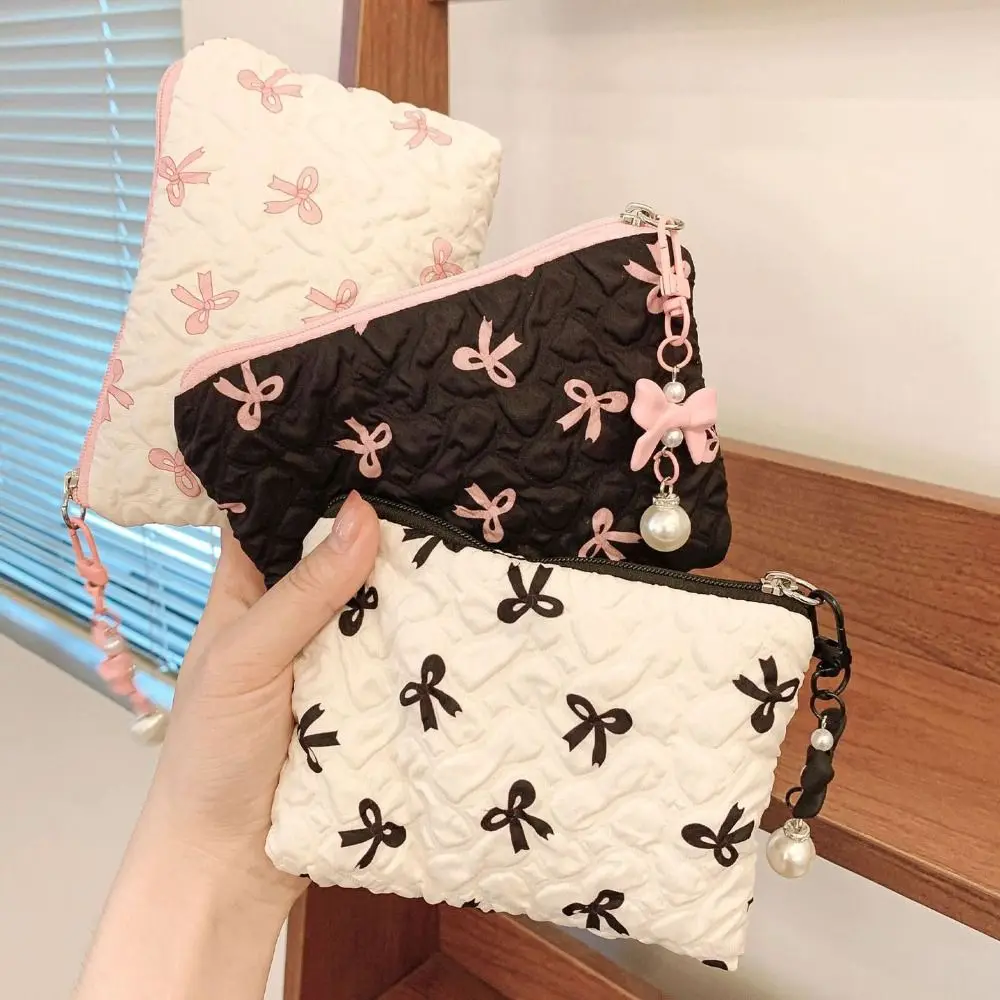 Makeup Organizer Bow Pendant Bow Cosmetic Bag Zipper Korean Style Balletcore Makeup Bag Lager Capacity Coin Purse Girls