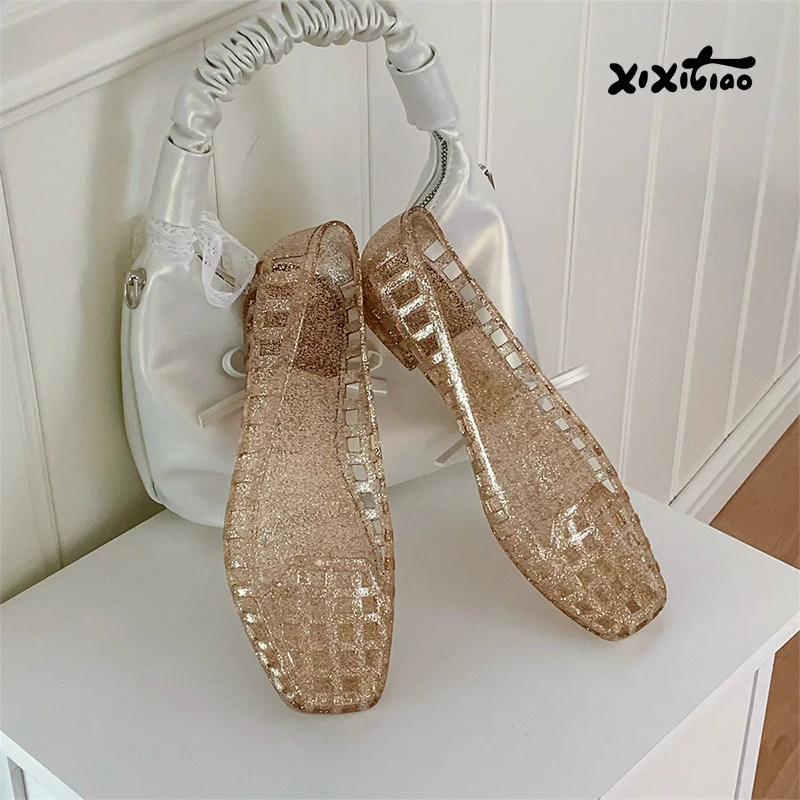 XIXITIAO Summer Women's Sandals French Crystal Casual Fashion 2026 Elegance Flat Transparent Silver Hollow Jelly Shoes Ladies image 2