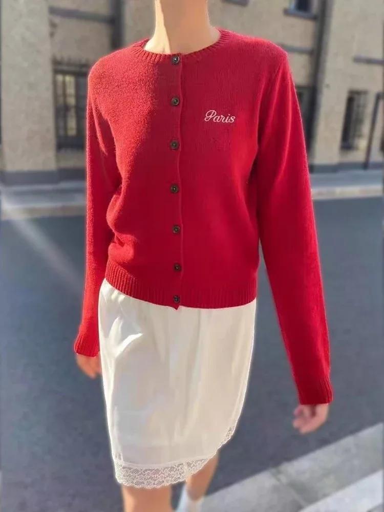 

Button-down Sweater in Red Paris Letters for Women 2024 Autumn American Vintage Embroideredcoat Versatile Crewneck Cardigan Y2k