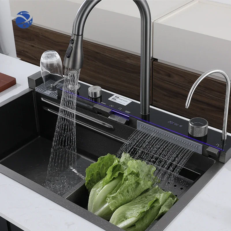 

Digital Display Waterfall Kitchen Sink 304 Stainless Steel Large Sink with Soap Dispenser Basin Multifunction Touch Topmount