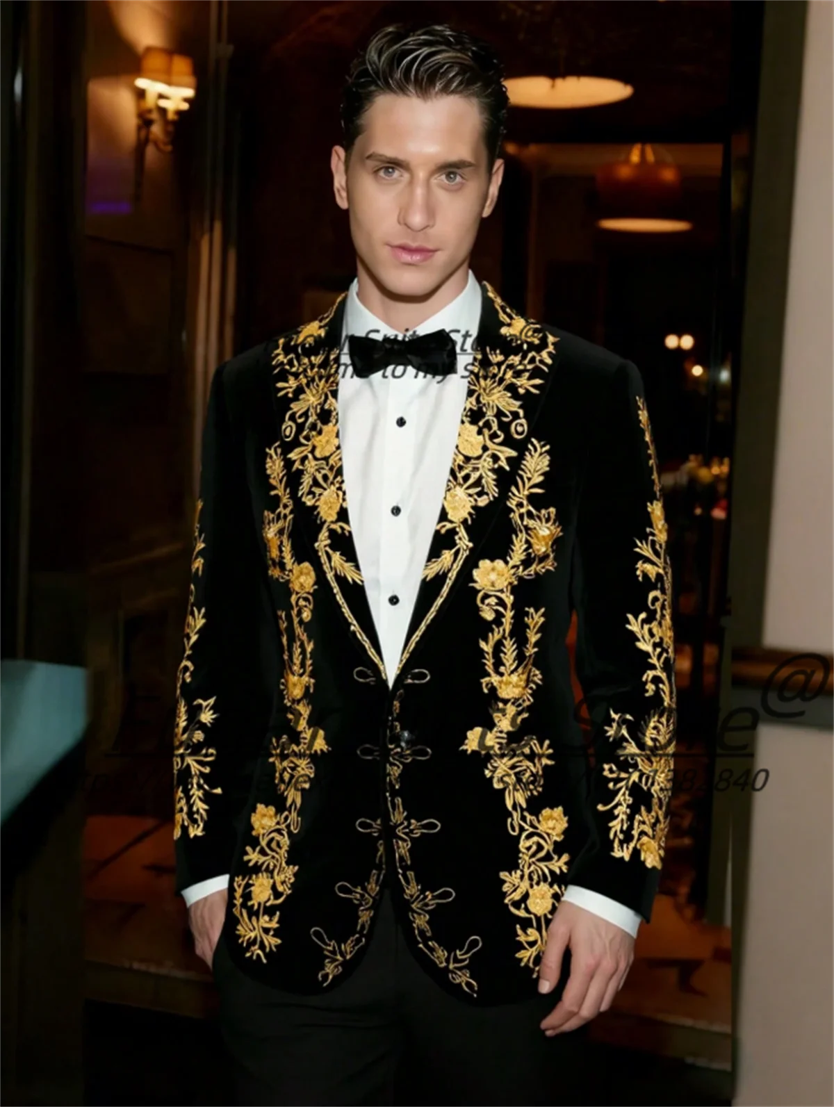 

Elegnt Black Prom Groom Wedding Tuxedos Customized Slim Fit Fashion Gold Embroidery Men Suits Formal2Pcs Sets Male Party Blazers