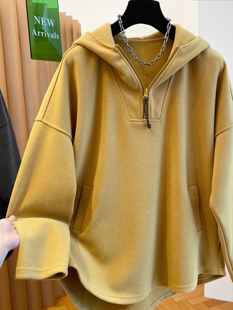 

Korean Version Loose Hooded Half Zip Hoodie For Women 2025 New Autumn Loose Casual Versatile Front Short Back Long Top W1362