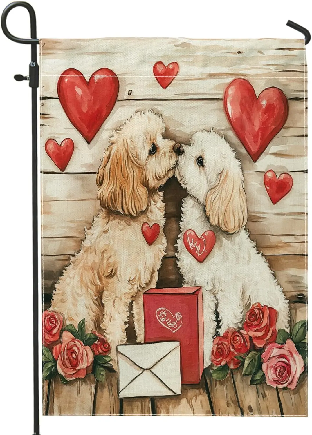 Banderas de Jardín con Diseño de Perro Cavachon para el Día de San Valentín, 12x18 Pulgadas, Doble Cara para Exteriores, Patrón Rústico de Pareja de Cachorros, Lona Estándar LLO LLX
