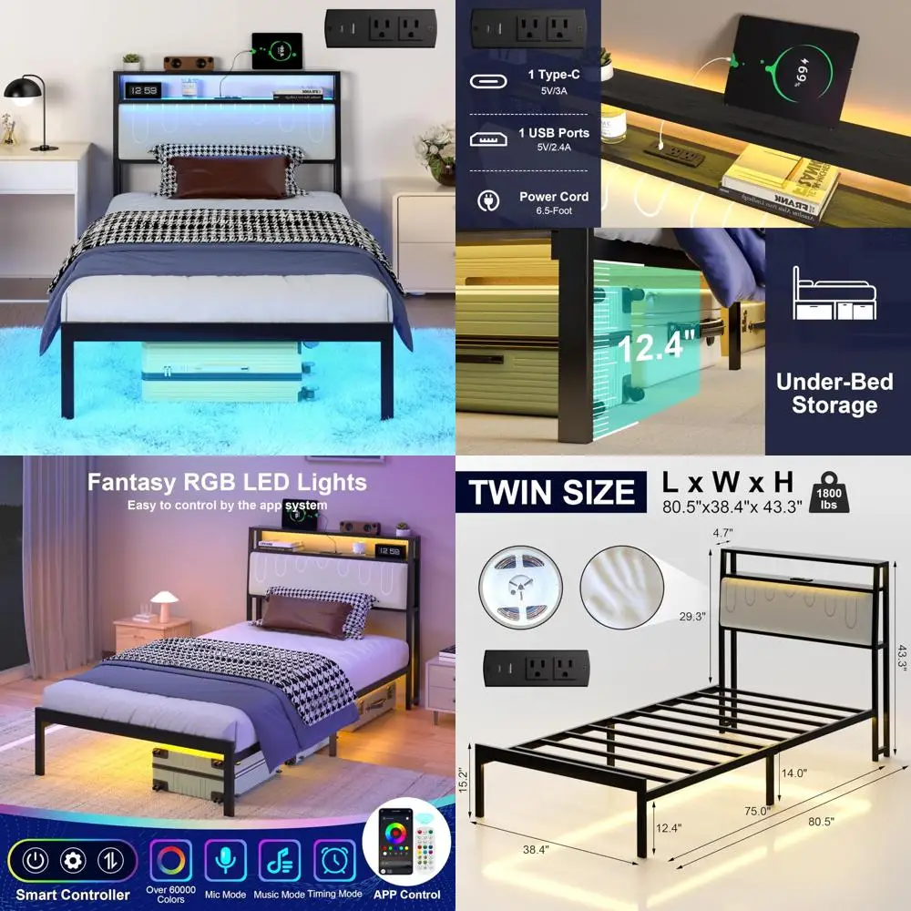 إطار سرير معدني مزدوج الحجم مع لوح رأسي، وإضاءة LED ومحطة شحن، لا يتطلب صندوق زنبركي، وتجميع هادئ وبسيط