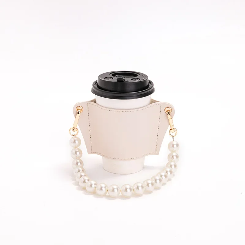 Removable Pearl Chain Cup Holder PU Leather Travel Eco-friendly Drink Case Bag Coffee  Bottle Covers Insulated Tea Cup Holder