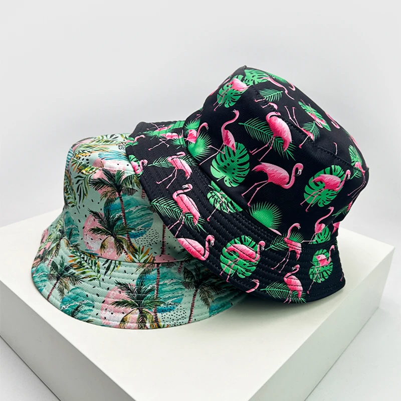 New Unisex Print Coconut Tree Flamingo Bucket Hats Sunshade Casual Versatile Travel Double Sided Wearable Fisherman Caps Fashion