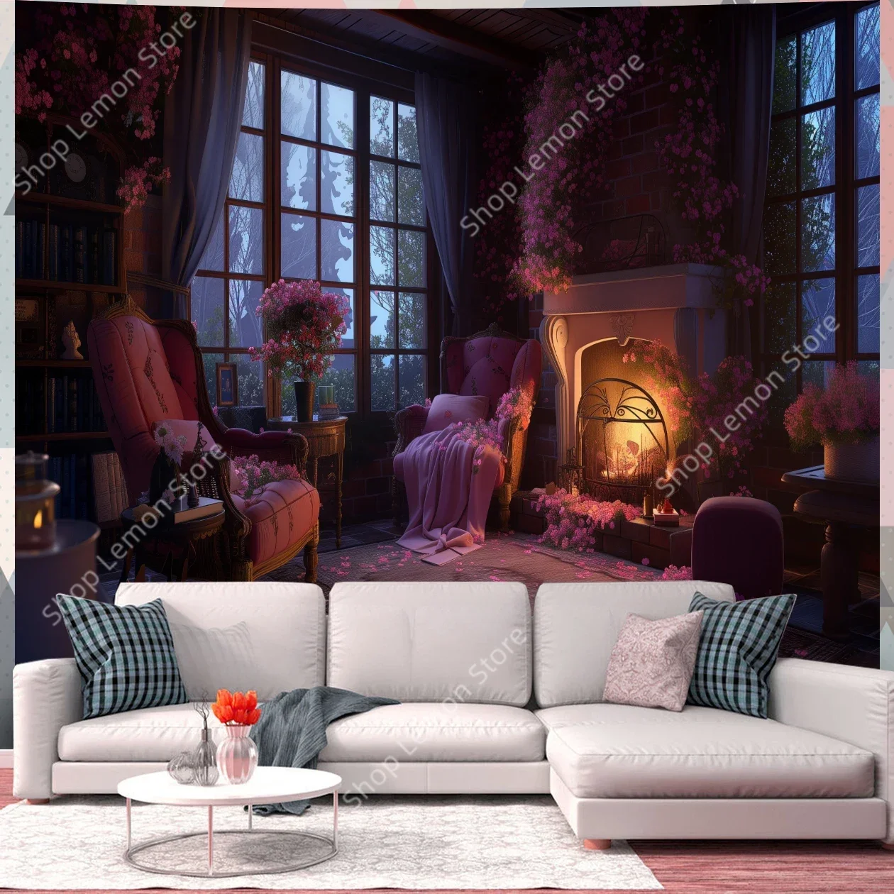 ​ ​ Tapiz Floral bohemio, decoración romántica para sala de estar, acogedor rincón de lectura, ambiente para chimenea, colgante de inspiración natural Pastel suave ​