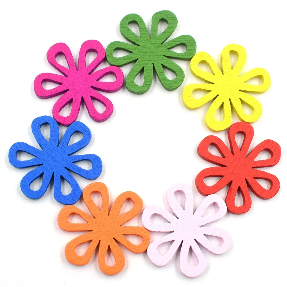 50pcs random mixed colors Flower Shape Wood Buttons  for Handwork Sewing DIY Clothing Crafts Accessories Gift Card Decor - view 6
