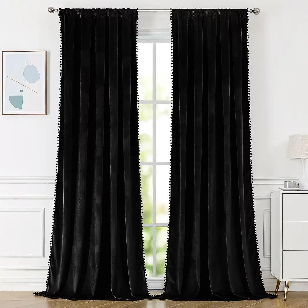 Black Blackout Pom Pom Velvet Curtains for Bedroom Living Room Darkening Window Drapes Thermal Insulated