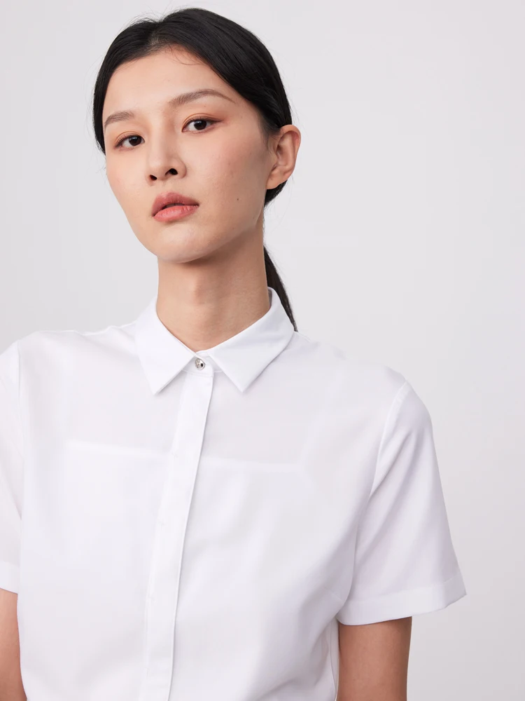 Ladies Office Solid Versatile Slim-fit Blouses & Shirts Female Summer Casual Short Sleeve Slight Strech Bamboo Fiber Dress Shirt