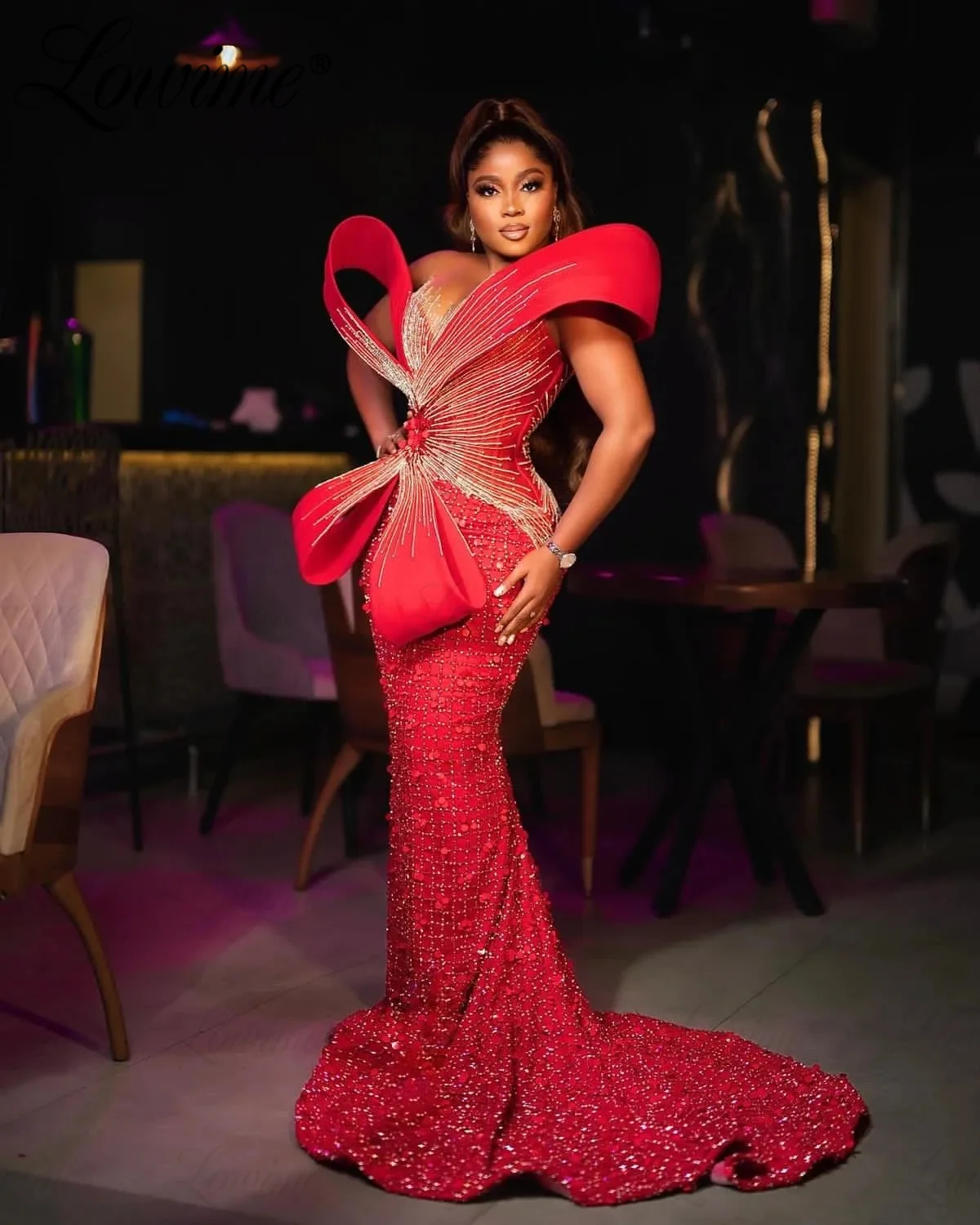 Celebrity Dresses Red Abendkleider Luxus 2023 African Prom Dresses Aso Ebi Arabic Beaded Sequins Mermaid Plus Size Evening Dress