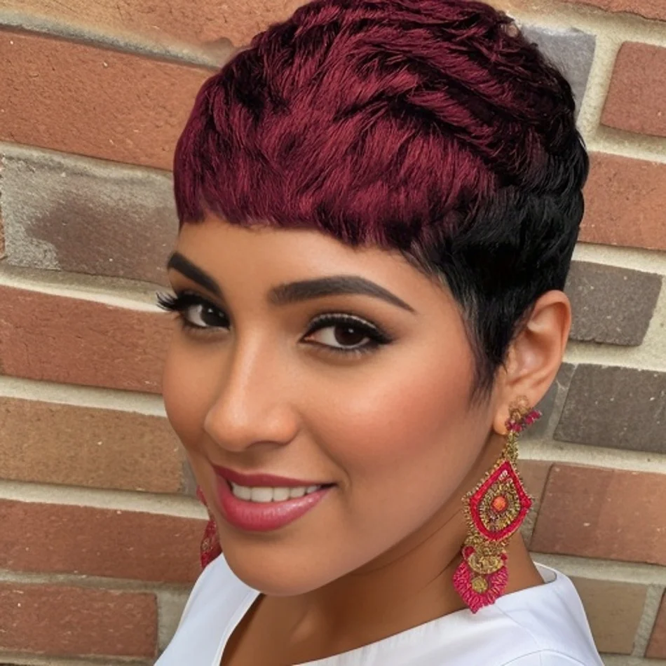 ブラジリアンショートピクシーカットレイヤードフルマシンメイドウィッグ（女性用）