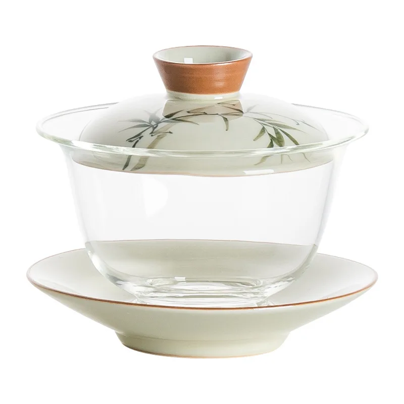 وعاء شاي من الخيزران الأخضر المرسوم يدويًا مع غطاء وعاء شاي الكونغ فو غير السمط طقم شاي زجاجي من السيراميك وعاء بغطاء ثلاثي الموهوب