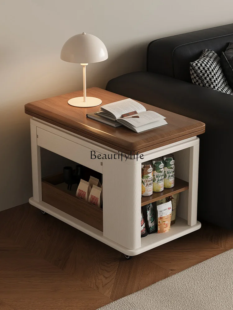 

Creative movable solid wood tea table multi-functional folding trolley antique sofa side table in the storage tea table