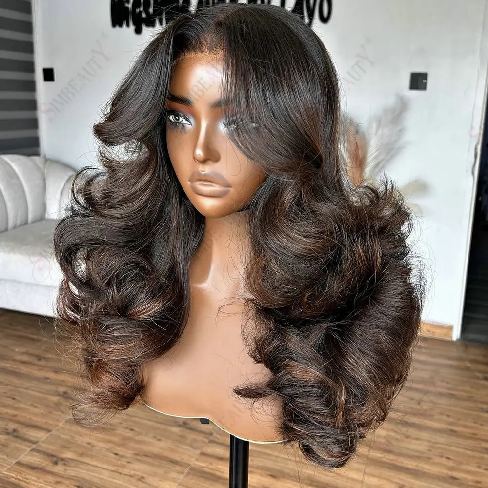 Peruanisches Echthaar, kastanienbraun, mit Highlights, gewellt, 13x6 Lace Front / 360 Lace Frontal Perücken für Frauen, vorgezupfter natürlicher Haaransatz – Detail 2