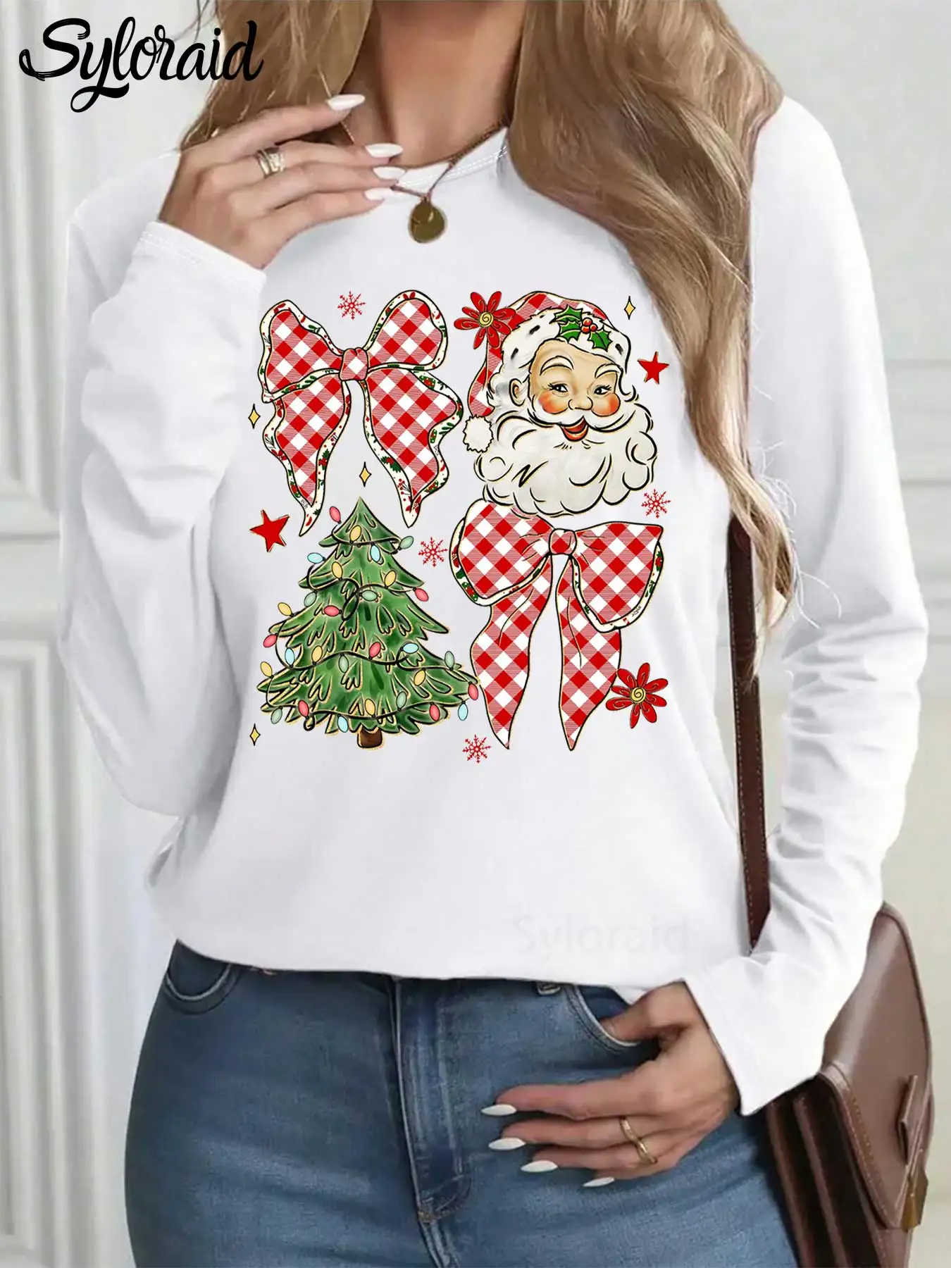 

Women's Long Sleeve T Shirt, Plaid Christmas Bow Santa Graphic T Shirt Fashion Round Neck Casual Top for All Seasons