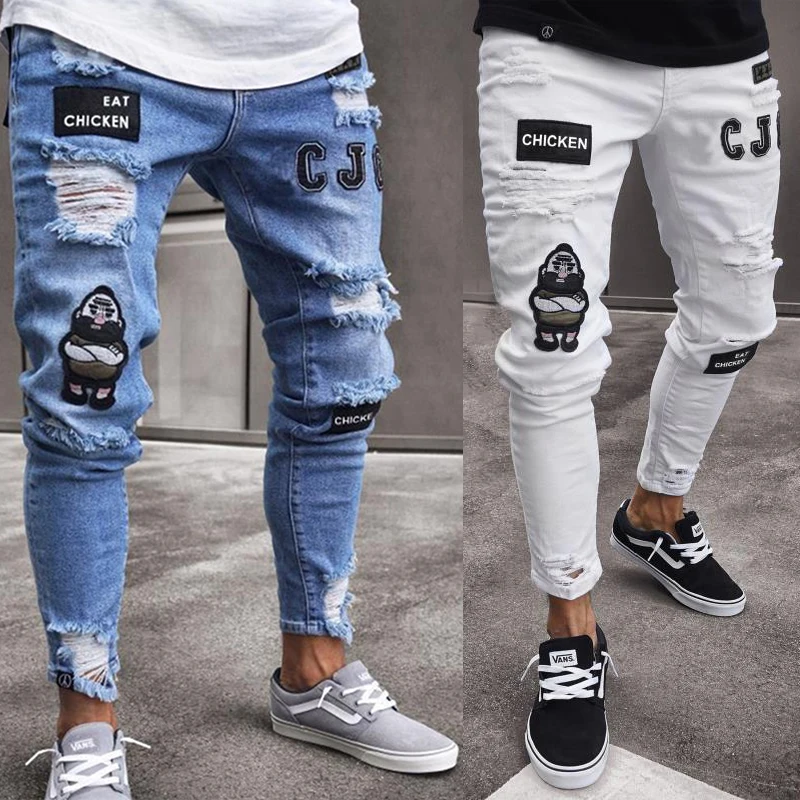 Men Embroidery Cartoon Print Jeans Stretchy Ripped Skinny Biker Destroyed Hole Denim High Quality Slim Hip Hop Jeans Men Black