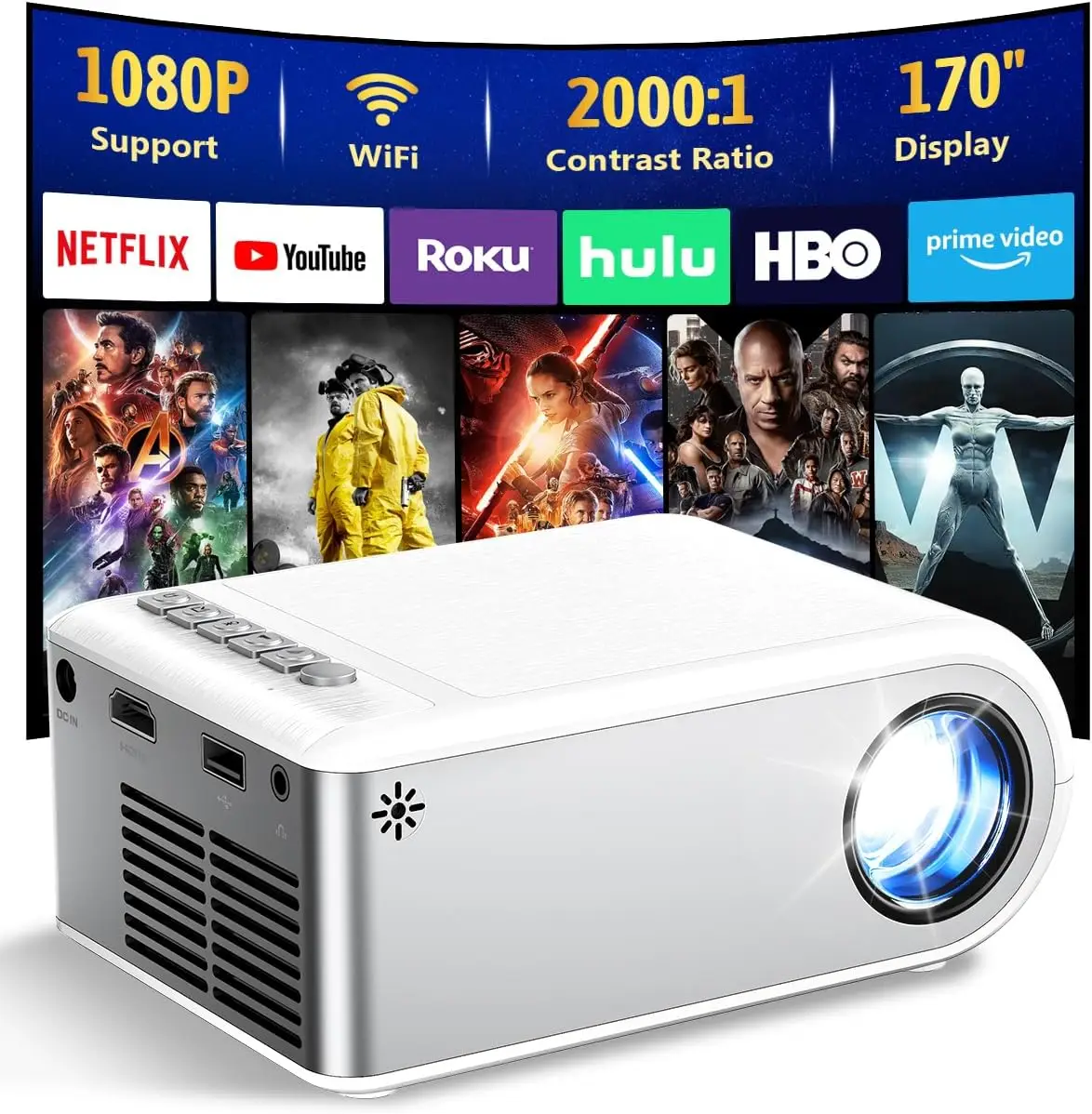 

Portable WiFi Bluetooth Mini Projector, 1080P HD for iPhone Android PC TV Stick HDMI, Home Outdoor Movie Theater