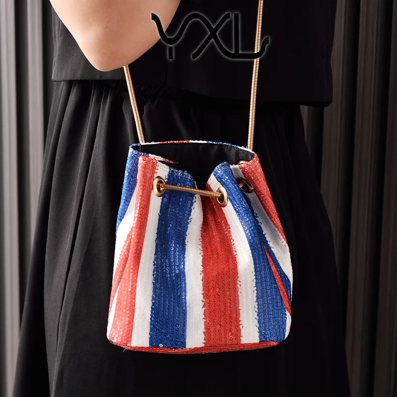 Retro Trendy Sequin Bucket Bag Chain Women's Bag Red Blue White Striped Women's Shoulder Bag Factory B