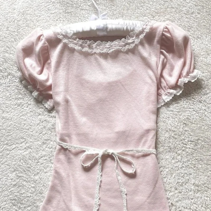 Deeptown Coquette Sweet T-shirts Women Pink Kawaii Bow Elegant Short Sleeve Tees Korean Fashion Lace Patchwork Slim T-Shirts image 3