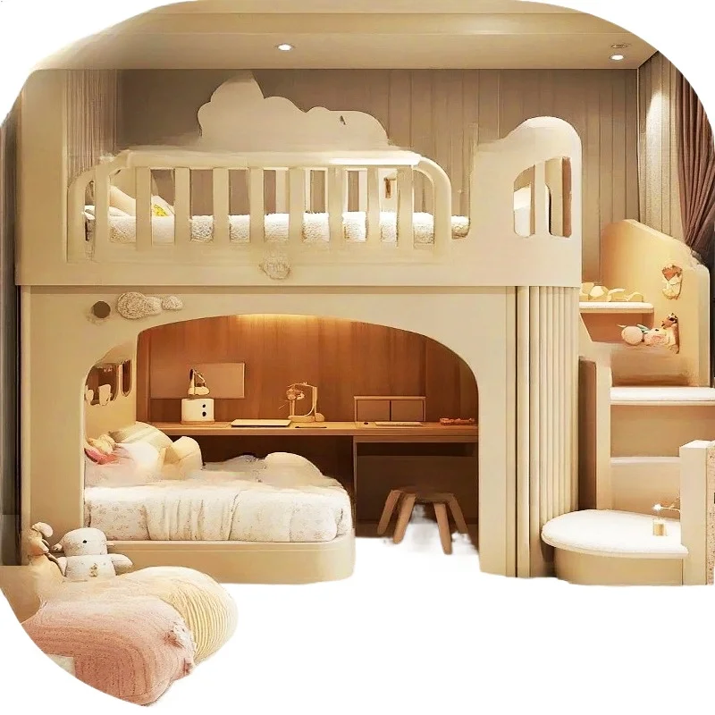 Łóżko dziecięce kremowe, łóżko dla dziewczynki, łóżko dla młodszej siostry, łóżko z szafką i stołem z schodami.