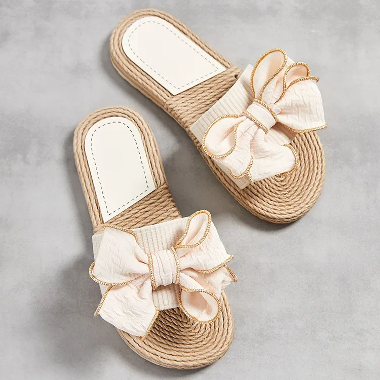 Female Summer Slippers Artificial Straw Sole Shoes Lady Summer Indoor Flat with Flip Flops Stitching Floral Women Slippers