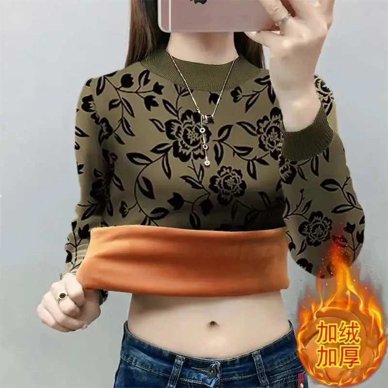 

Add Velvet Bottoming Shirt Women's Long-sleeved Autumn Winter New Warm Fleece Pullovers Tops Elegant Print Female T-shirt M-4XL