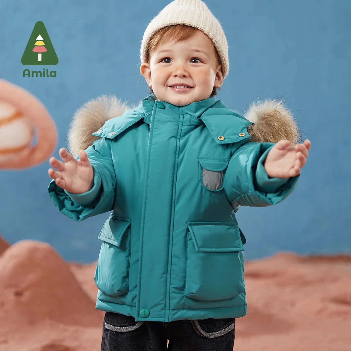 Amila Baby Boy 2024 Winter New Fashion Solid Color Fur Collar Hooded Pike Down Jacket Kids\' Warmth Thickening Top