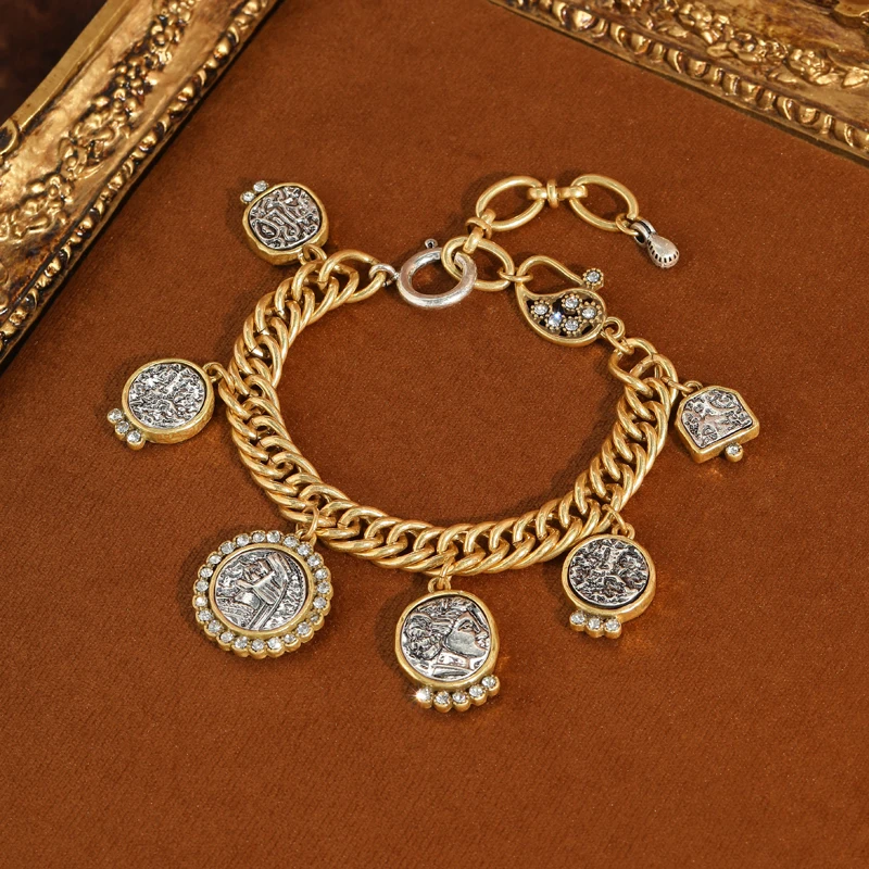 

Vintage Avatar Coin Antique Chain Bracelets With Designer Charms Gold Color Links Accessories For Women Luxury Dubai Jewelry