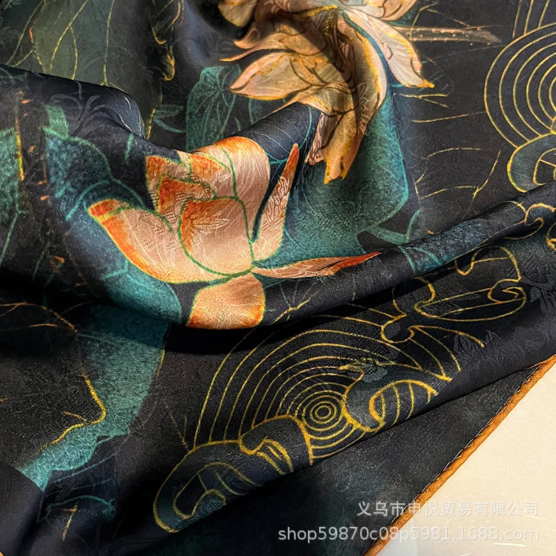 وشاح طويل راقِ على الطراز الصيني للنساء ، شاش سحابي عتيق ، طباعة زهرة لوتس ، شال مزدوج الوجهين اللون