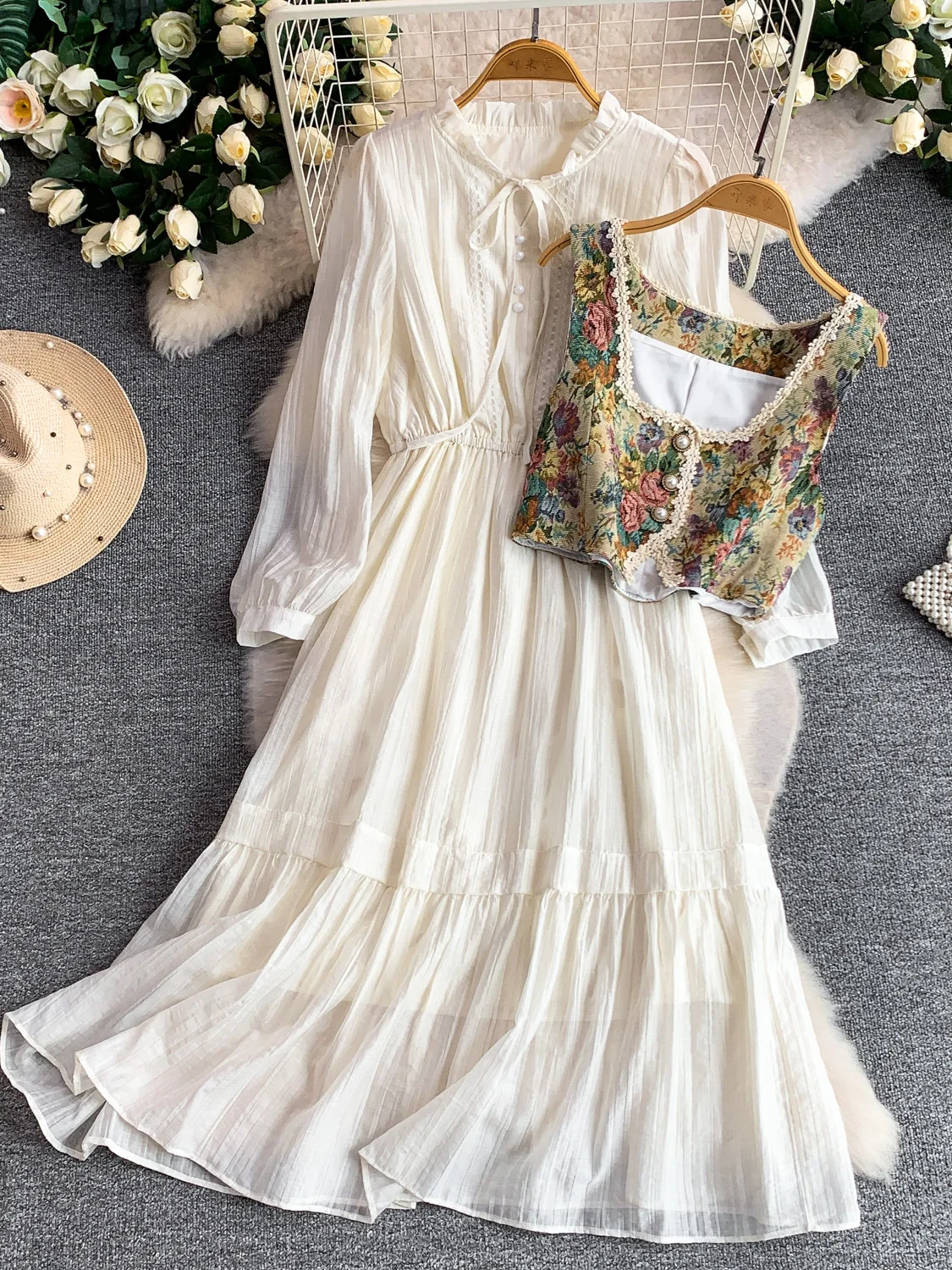 Retro Sweet Lace Splicing Embroidery Vest Coat Date Elegant Gauze Long Dress A-Line Skirt Button Closure Loose Fit Summer Dress