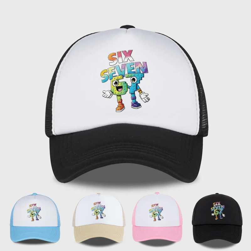 Six Seven Cartoon Number Print Sponge Mesh Cap – Unisex Colorful Building Block Mesh Baseball Cap – Adjustable, Breathable Sun H