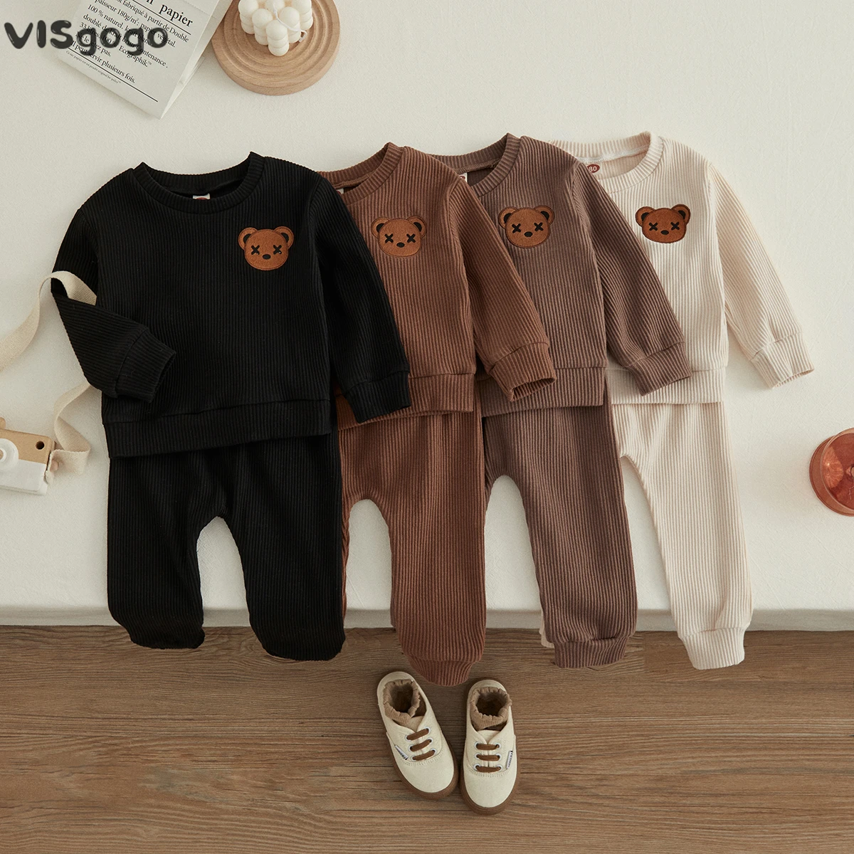 

VISgogo Toddler Boys Clothes Autumn Casual Outfit Round Neck Long Sleeve Embroidered Bear Patch Tops Elastic Waist Long Pants