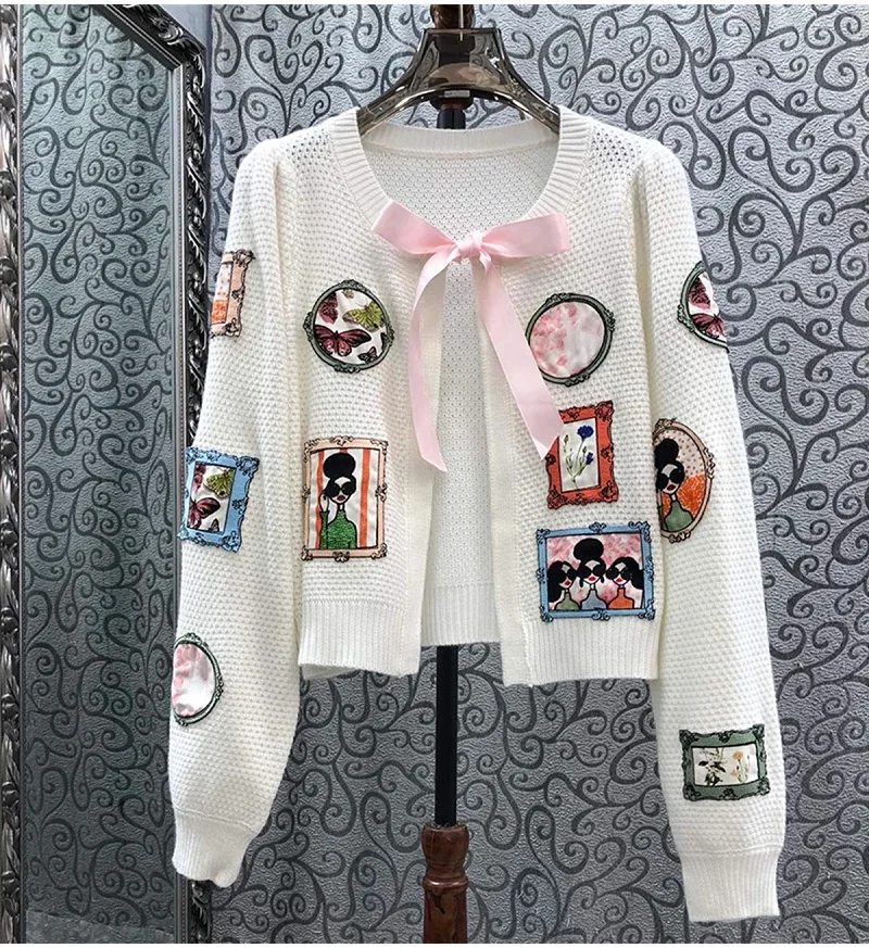 High Quality New Cardigans Coat 2024 Autumn Knitwear Women Color Block Print Bow Deco Long Sleeve White Black Wool Caot Outwear