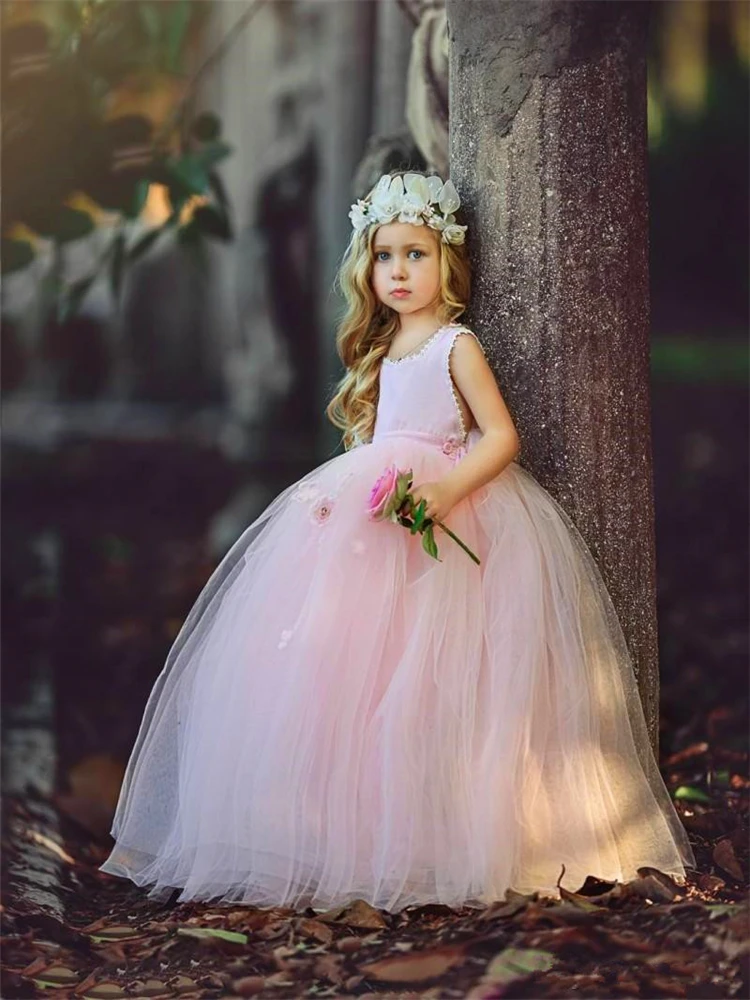 

Pink Angel Sleeveless Tulle Lace Flower Girl Dress Princess Ball First Communion Dresses Kids Surprise Birthday Present