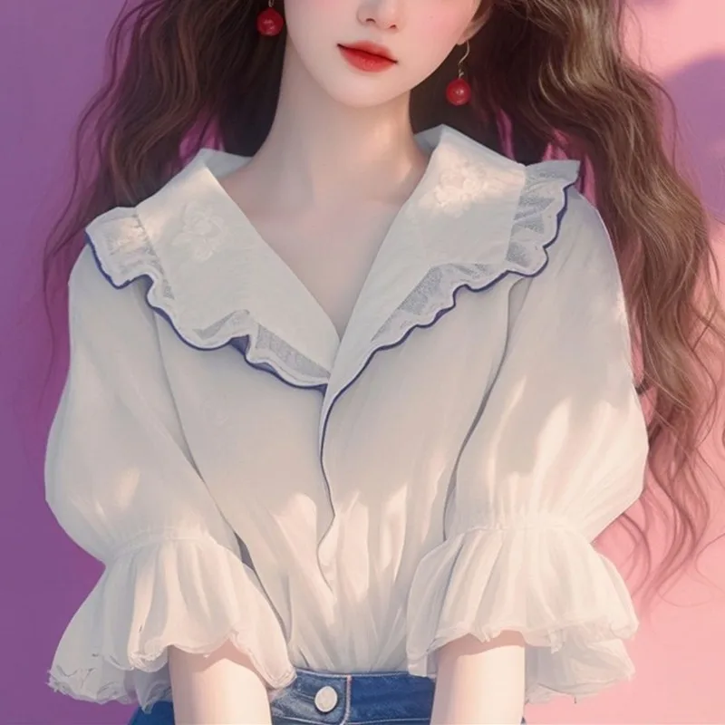 

Spring And Summer New Ruffles Patchwork Peter Pan Collar Short Sleeve Casual Women's Wear High Quality Single Breasted Shirt