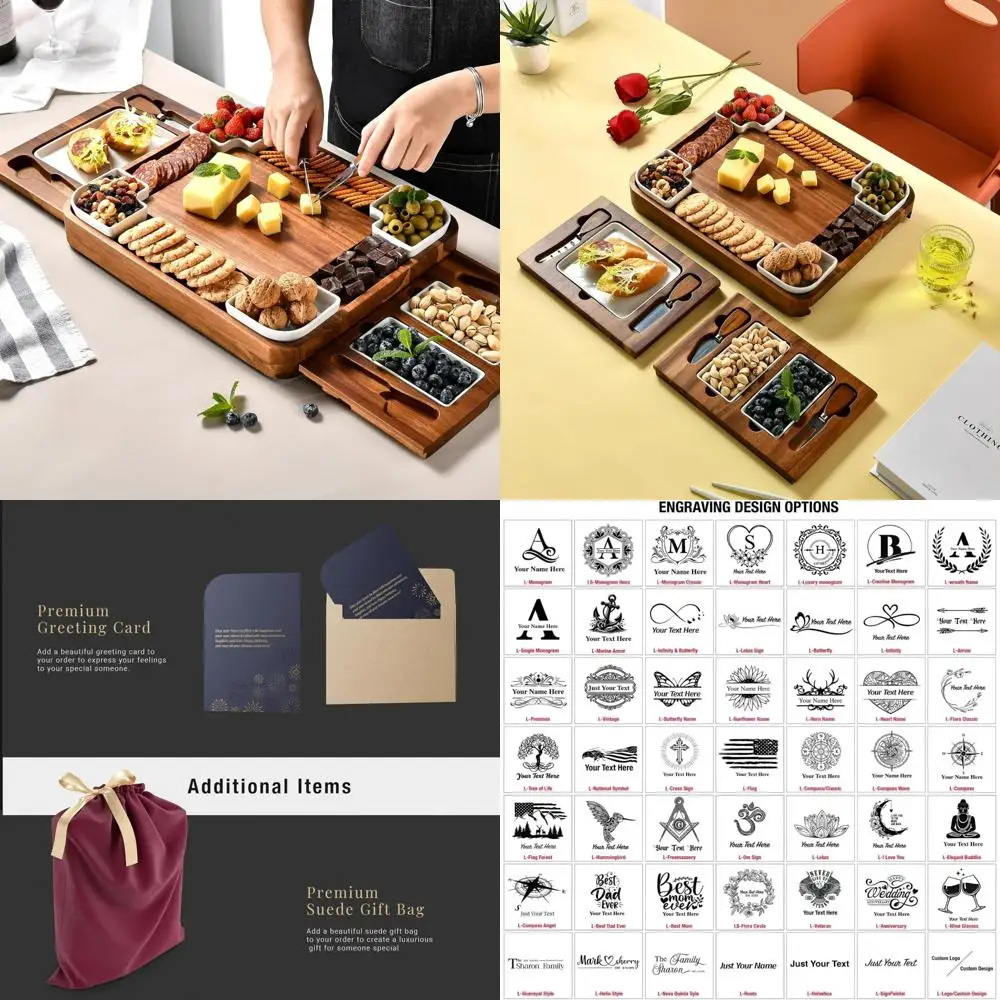 مجموعة ألواح الجبن الخشبية الأنيقة من خشب السنط، طبق فحم مربع بنمط مصنوع يدويًا وأدوات مائدة من الفولاذ المقاوم للصدأ #2