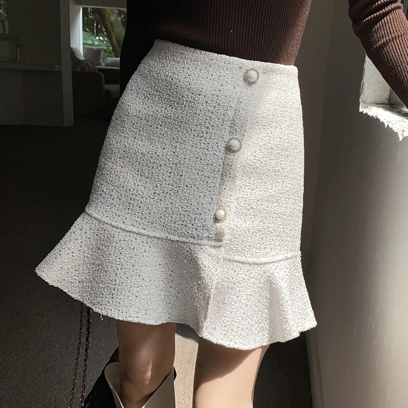 QOERLIN Tweed Trumpet Skirts High Waist Sequins Elegant Office Ladies Mini Skirts Women Buttons Zipper Skirt Autumn Winter Saias