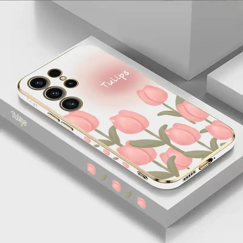 Charming Tulips Luxury Plating Phone Case For Samsung Galaxy S23 S22 S21 S10 S9 S8 Plus Note 20 ultra 10 Plus Cover