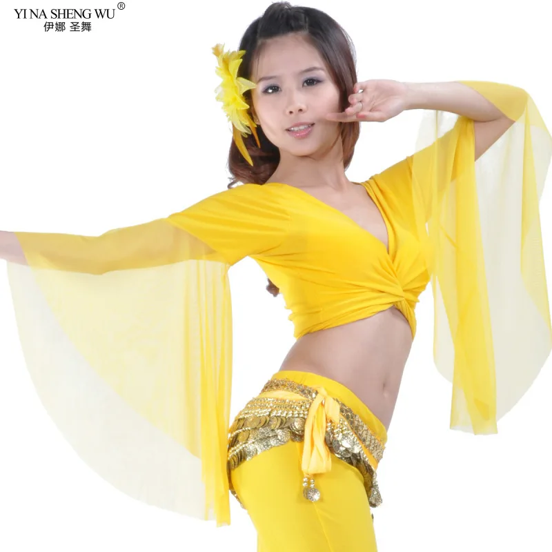 2019 Belly Dance Performance Top Hot Popular Sexy Women V-Neck Chiffon Lake Blue Belly Dance Tops Dancing Costumes High Quality