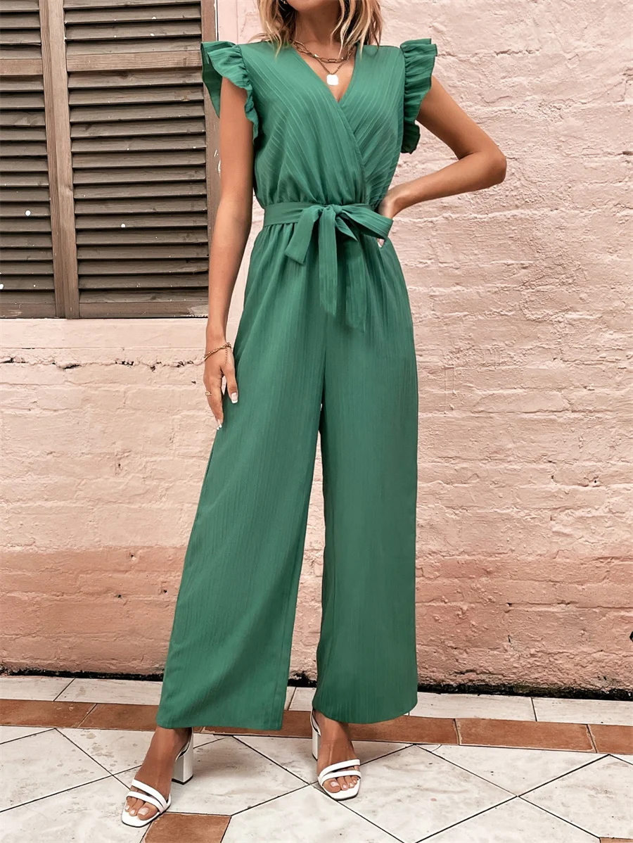 

Benuynffy Solid Ruffle Trim Belted Jumpsuits Women's Summer Surplice Neck High-waisted Casual Vacation Female Wide Leg Jumpsuit