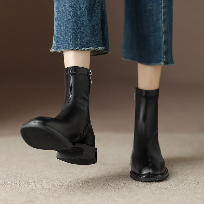 Stretch Leather Women Ankle Boots New Autumn Winter Square Toe Ladies Low Block Heels Boots Black Beige Boot SmallHut-2066-1